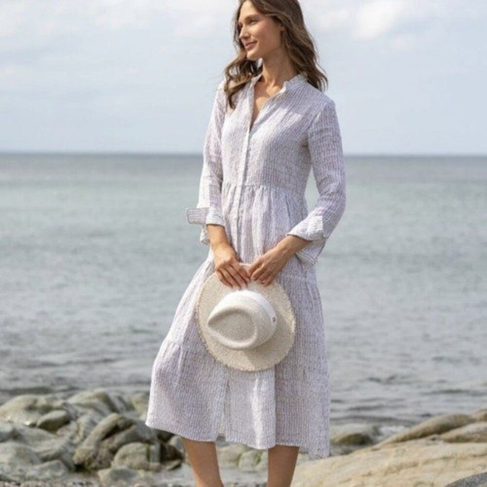 Alice Walk midi dress size S block print linen tan neutral quiet luxury NEW‎